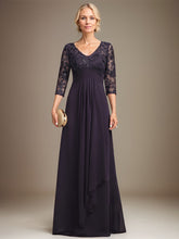 Empire V-Neck Floor-Length Lace Chiffon Mother of the Bride Dress With Cascading Ruffles Sequins